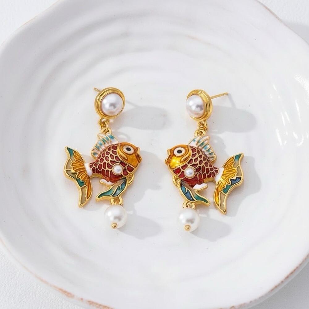 Fish Earrings VTG Gold Koi Museum Goldfish Pearl VTG Revival Nouveau Art Deco CZ